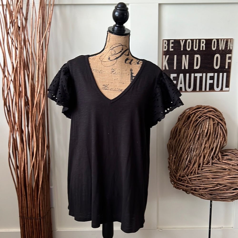 Black V-Neck Tee With Ruffled Eyelet Sleeves